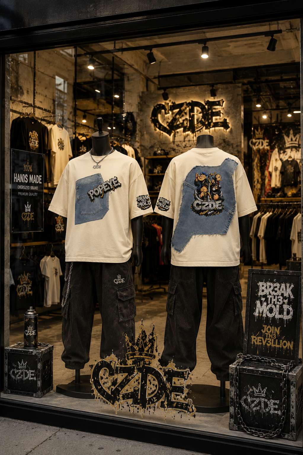 Two mannequins wearing CZDE x Popeye Denim Patch Tee front and back – CZDE premium retail store window display with BR3AK TH3 MOLD signage