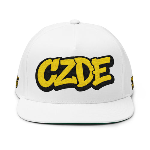 White flat-bill snapback cap with embroidered CZDE logo in yellow and black.