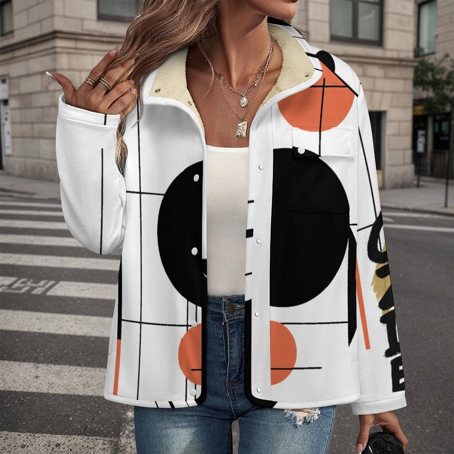 CZDE Abstract Print Jacket - Coral & Black Circle Design Statement Outerwear