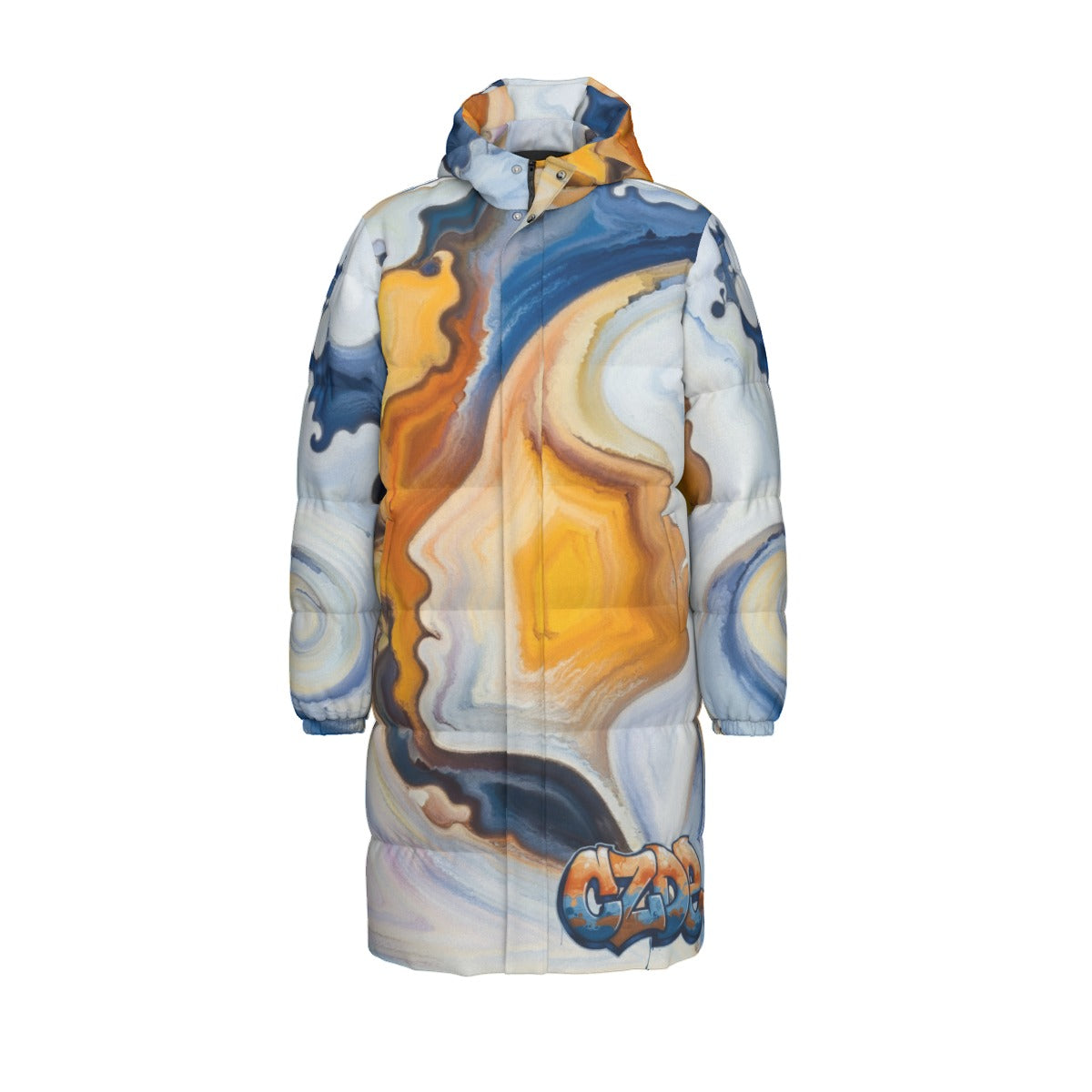 Unisex Long Puffer Coat with Abstract Art Print – CZDE Streetwear Winter Jacket