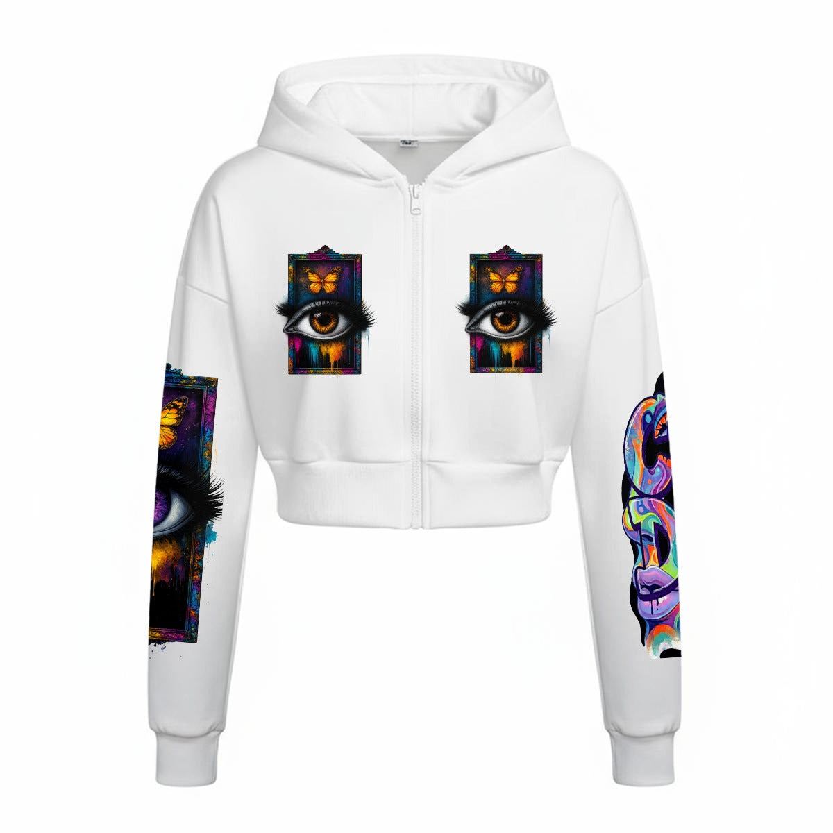 Surreal Eye Butterfly Zip-Up Hoodie - Women's Cropped Fleece Jacket with Colorful CZDE Sleeve Art