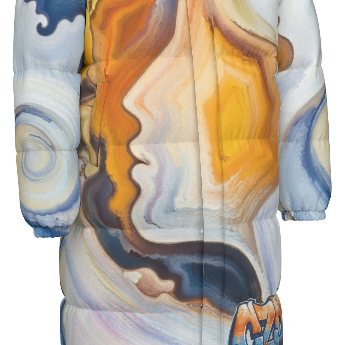 Unisex Long Puffer Coat with Abstract Art Print – CZDE Streetwear Winter Jacket