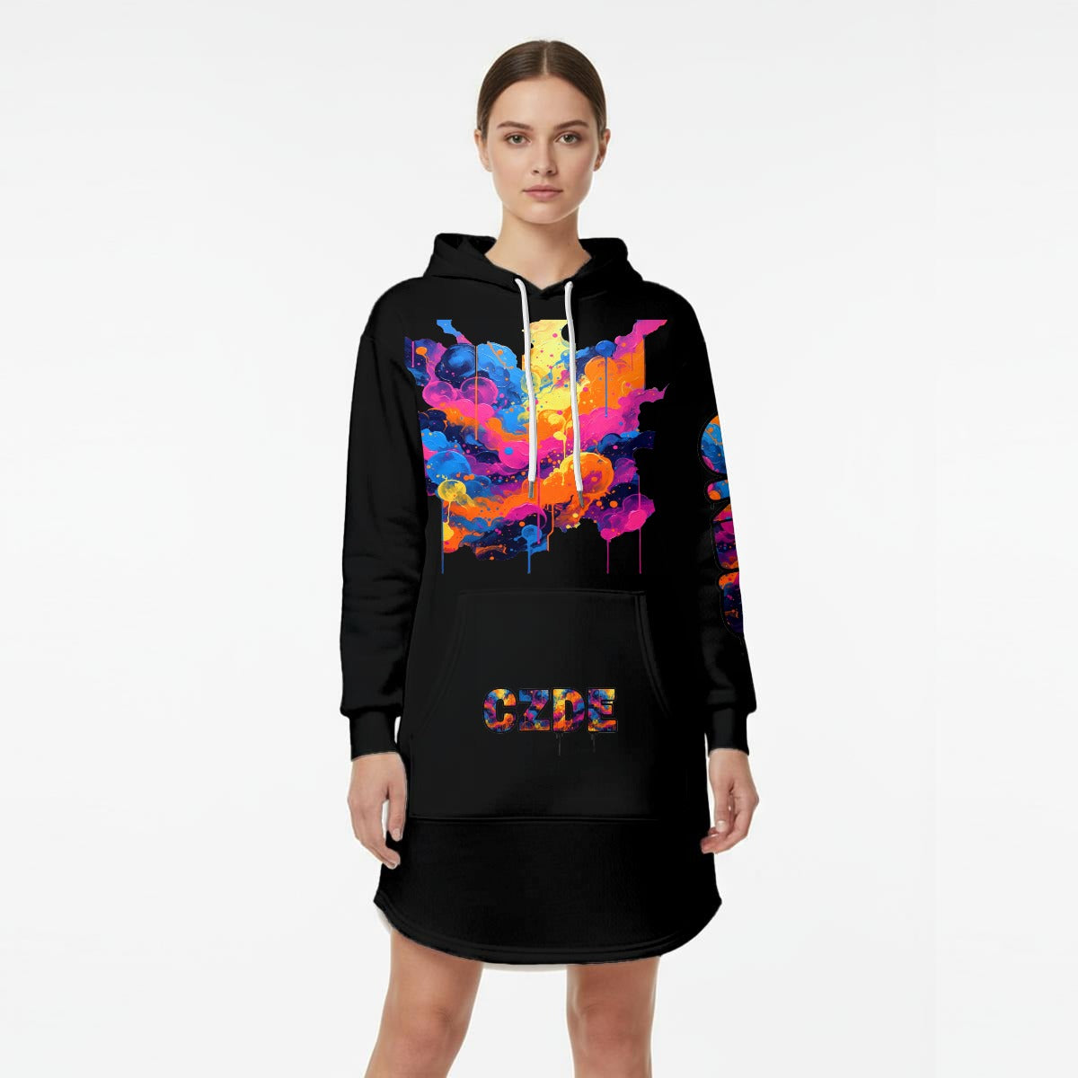 CZDE Abstract Art Hoodie Dress - Colorful Paint Splash Design | Women's Sweatshirt