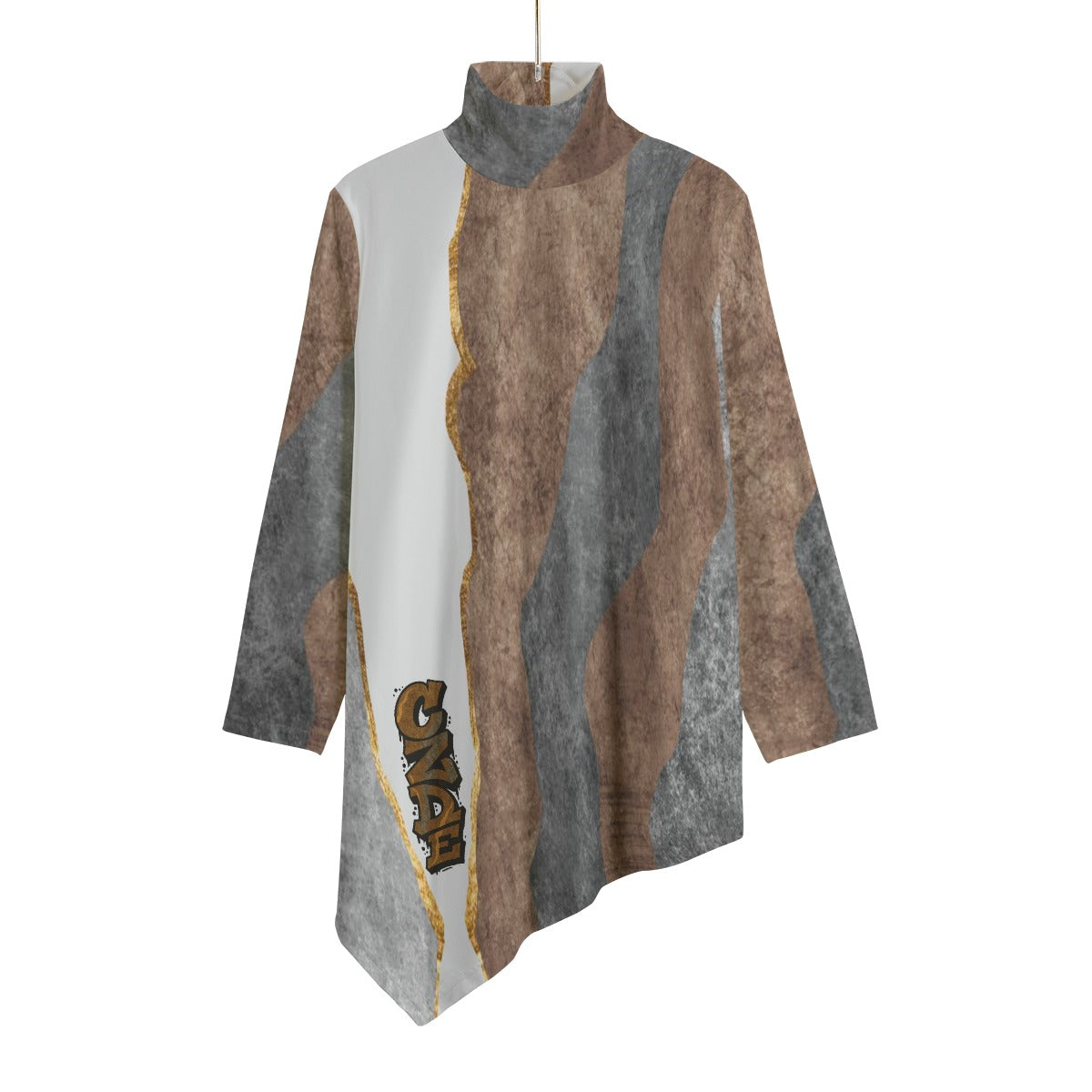 CZDE Women's Asymmetric Turtleneck Tunic - Long Sleeve Abstract Print Top |