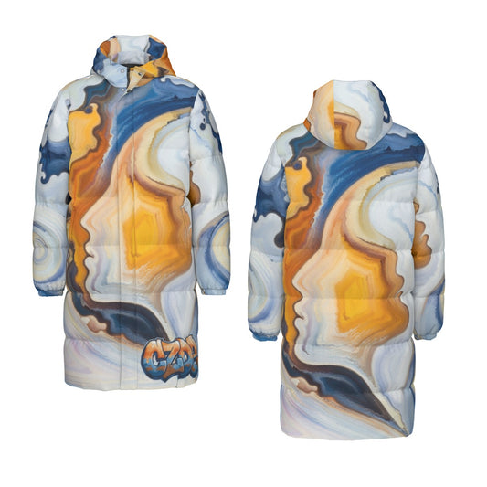 Unisex Long Puffer Coat with Abstract Art Print – CZDE Streetwear Winter Jacket