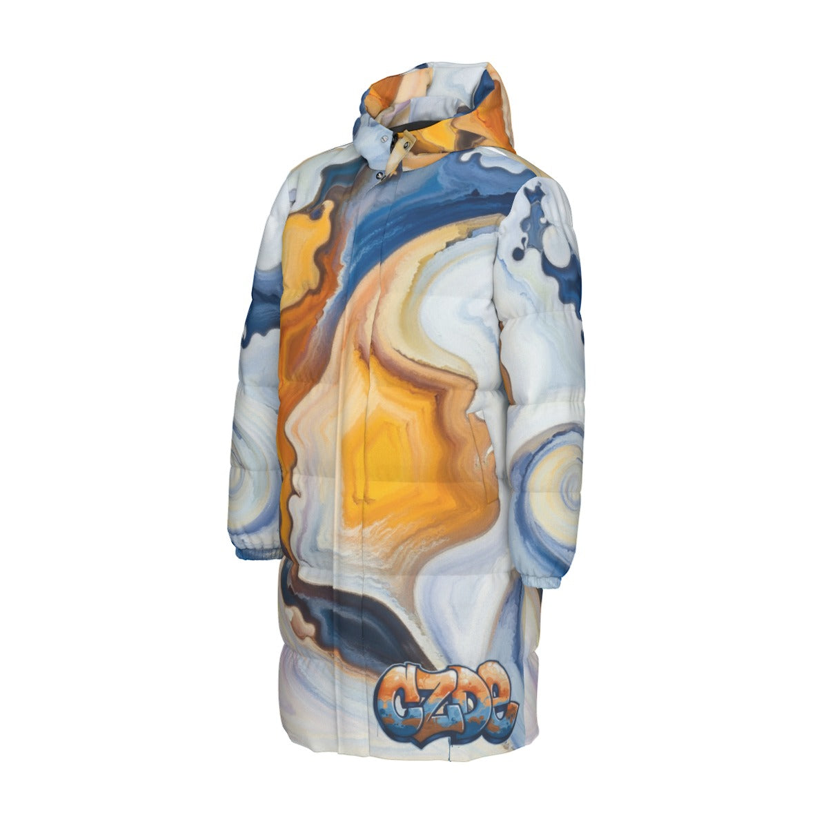 Unisex Long Puffer Coat with Abstract Art Print – CZDE Streetwear Winter Jacket