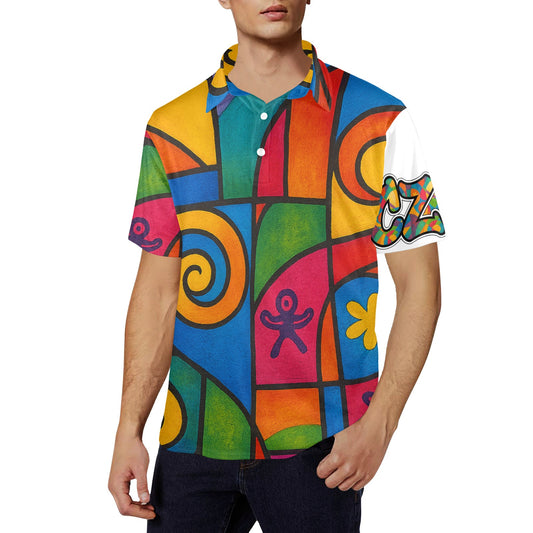 CZDE Vibrant Abstract Art Polo Shirt - Colorful Geometric Pattern Button-Up Tee