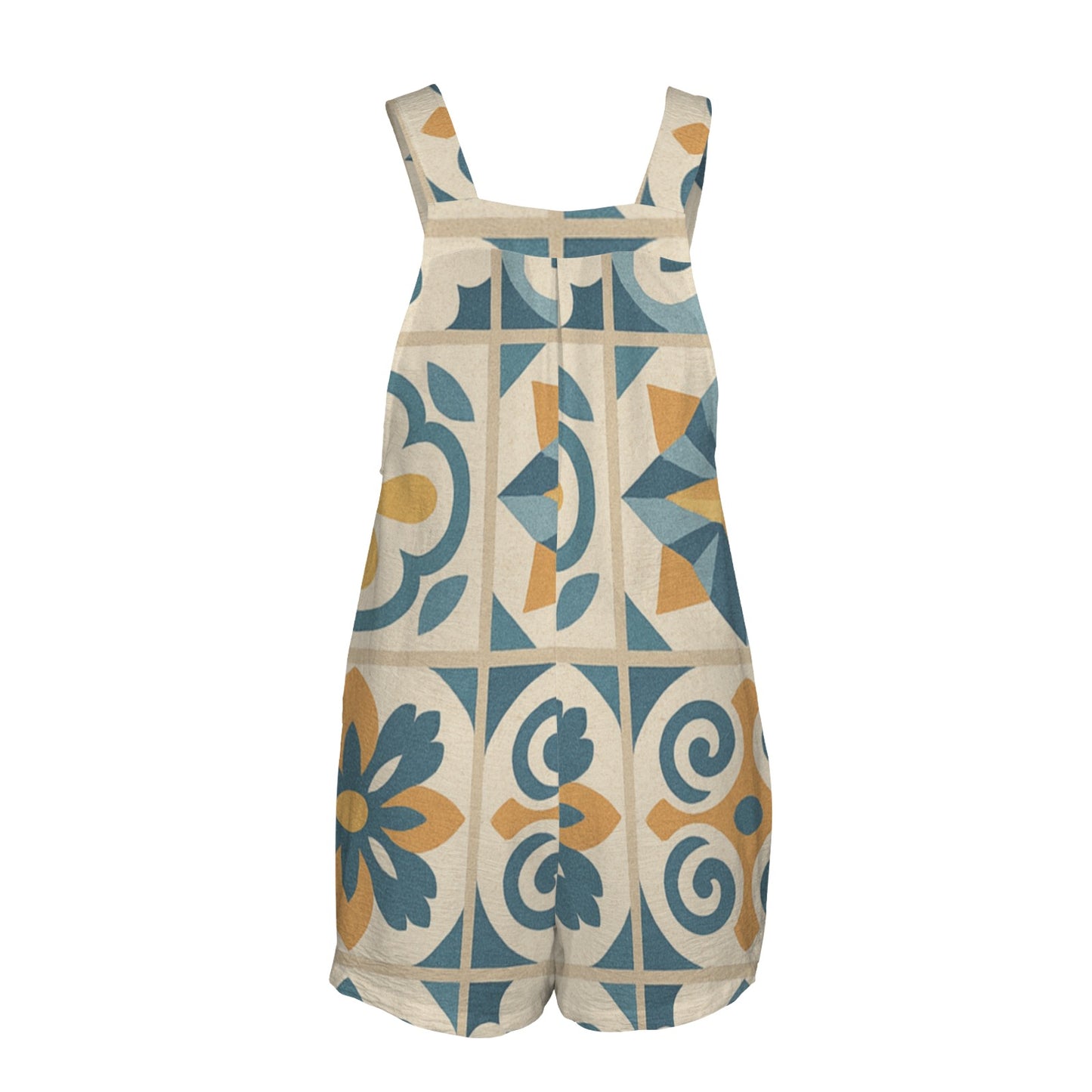 CZDE Women’s Boho Tile Print Overall Shorts – Casual Summer Romper with Pockets