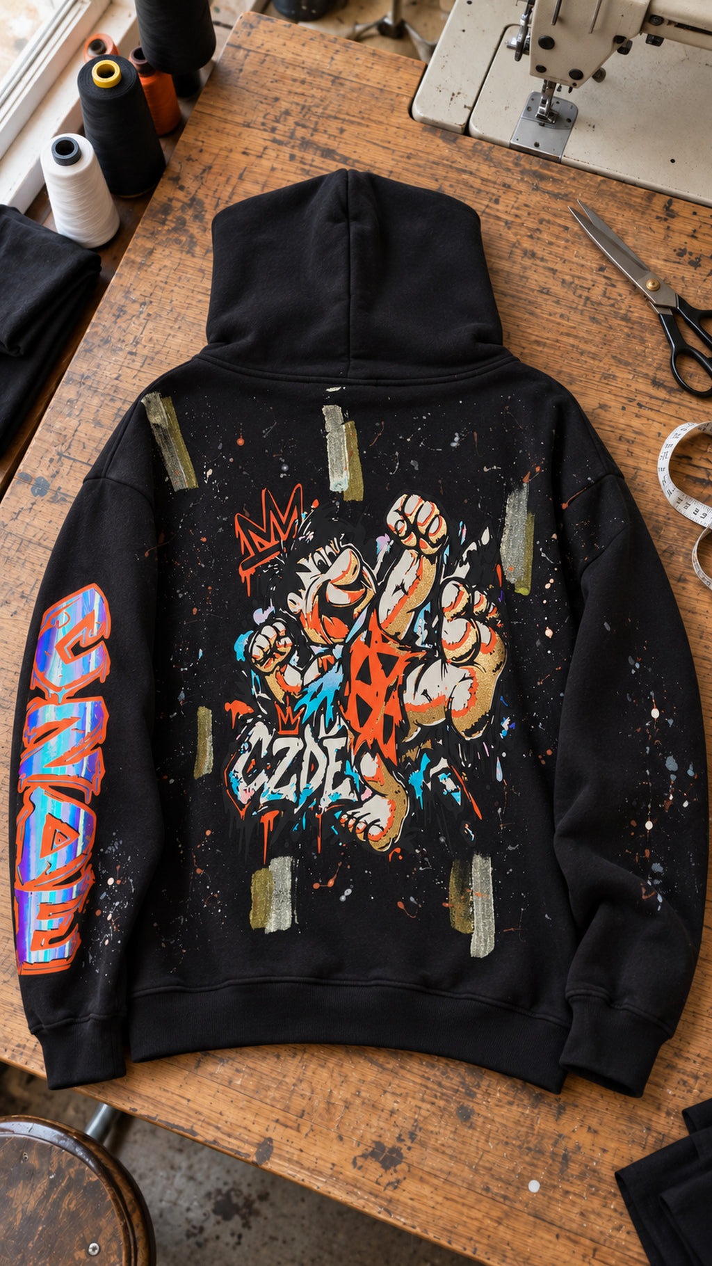 Black oversized hoodie with colorful graffiti back print and graffiti sleeve detail