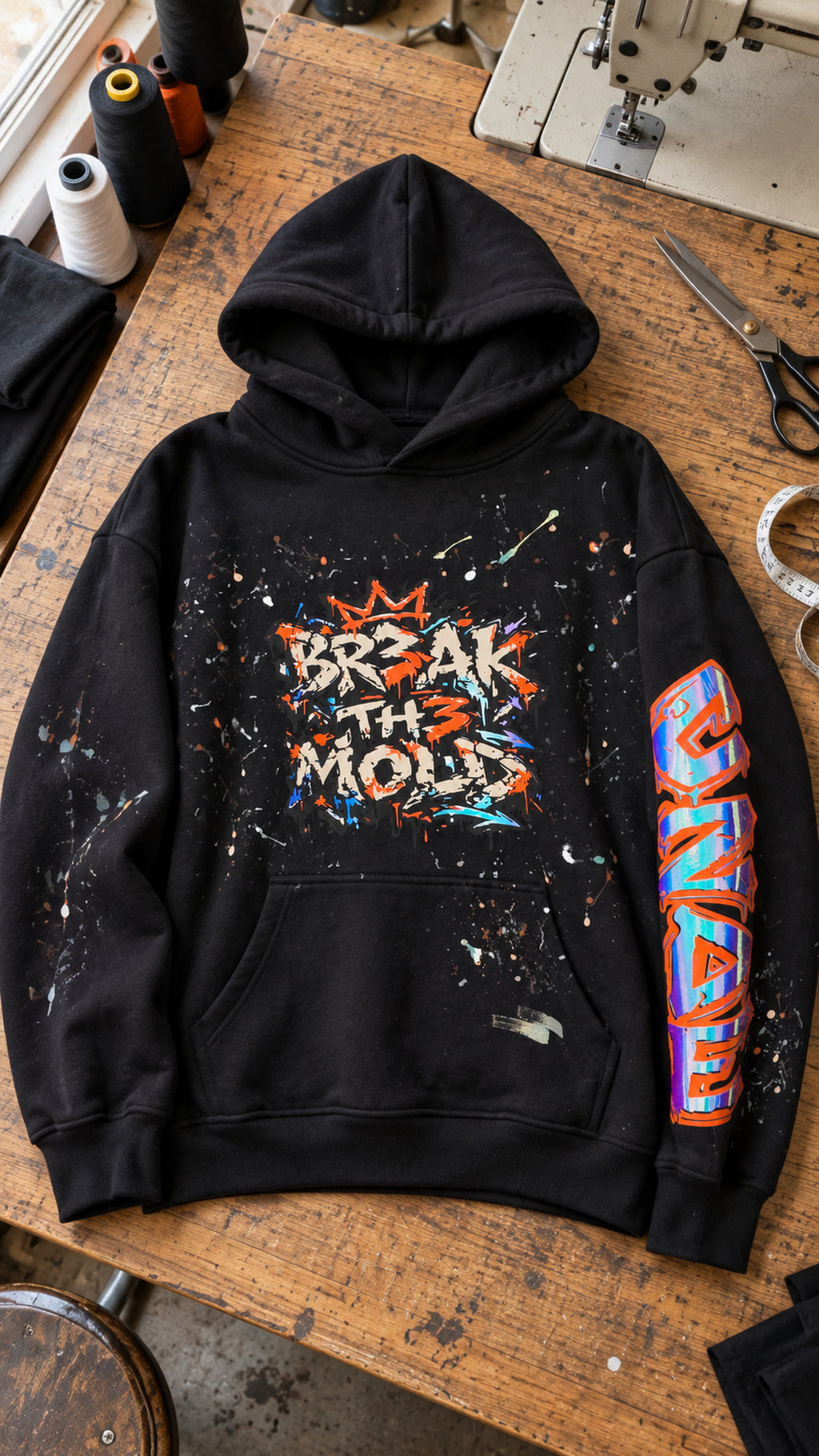 Black oversized hoodie with hand-painted graffiti splatter and front kangaroo pocket