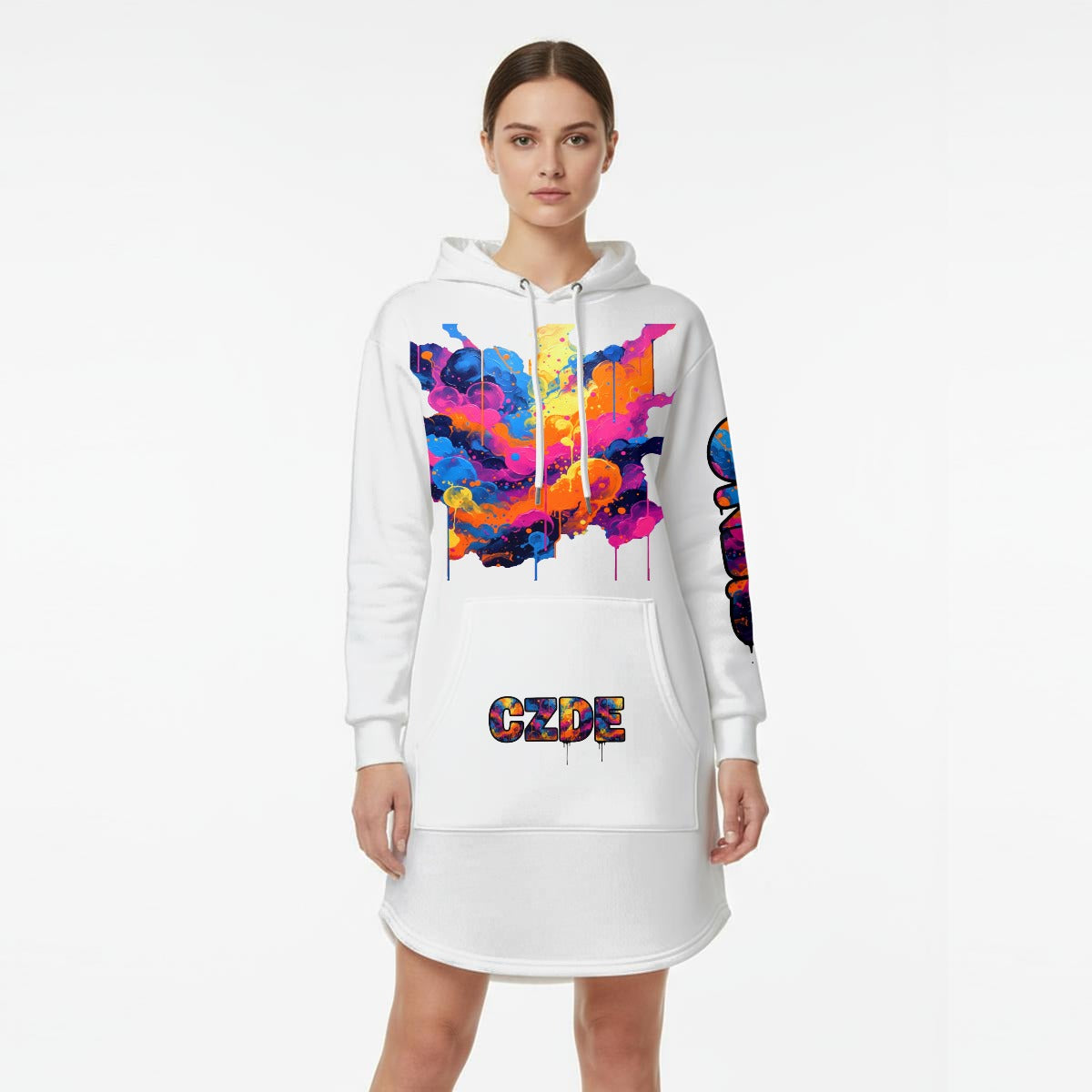 CZDE Abstract Art Hoodie Dress - Colorful Paint Splash Design | Women's Sweatshirt