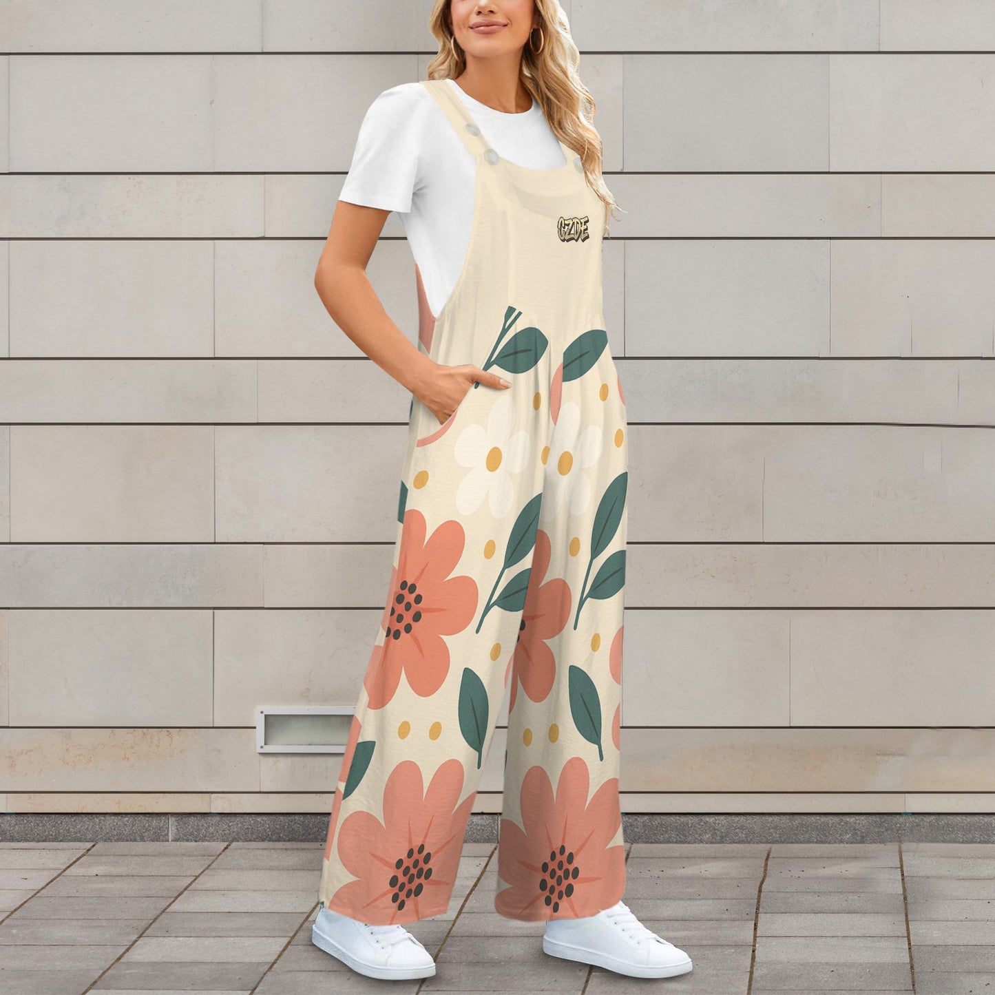 CZDE Women’s Floral Print Wide-Leg Overalls – Casual Boho Jumpsuit with Pockets