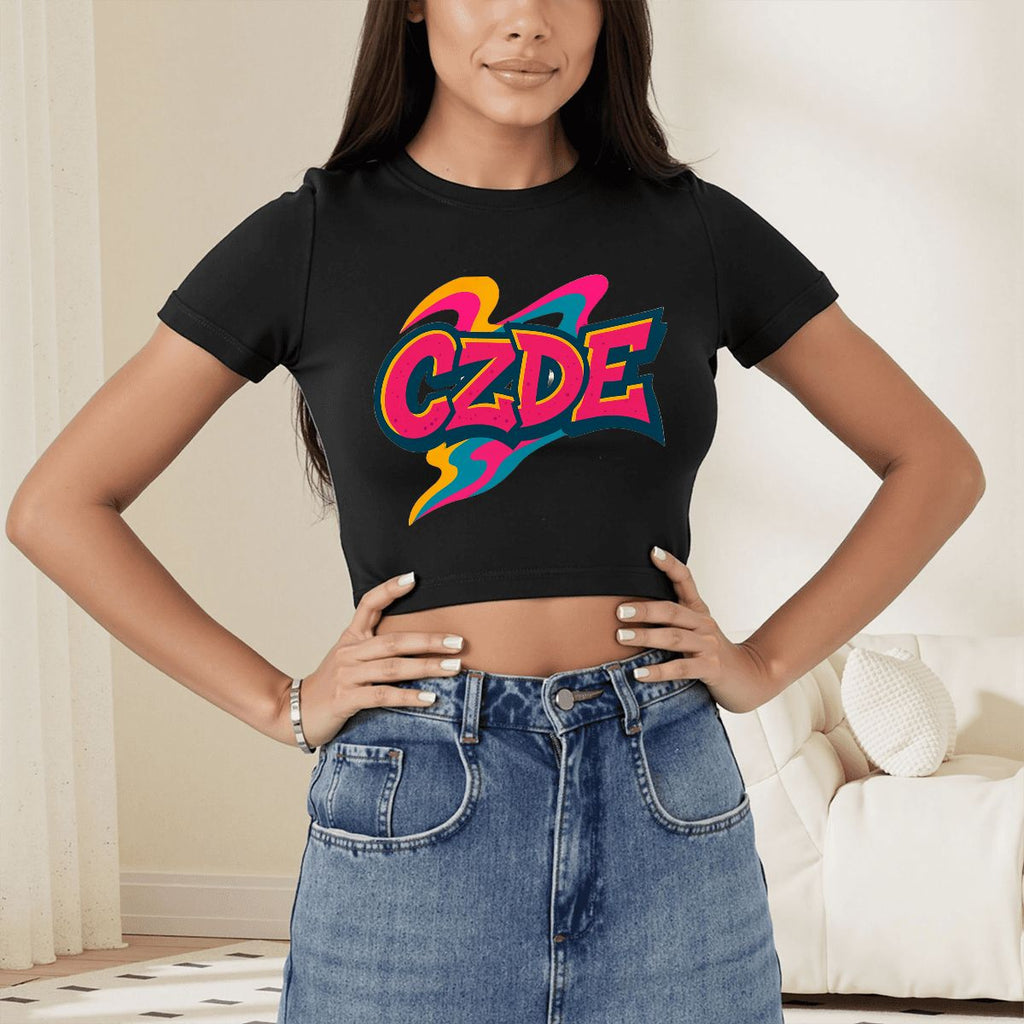 Black short-sleeve crop top with colorful Czde graffiti-style logo on the chest