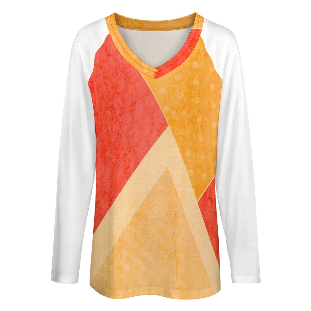 Retro Color Block Long Sleeve V-Neck Shirt – Casual Women’s Top