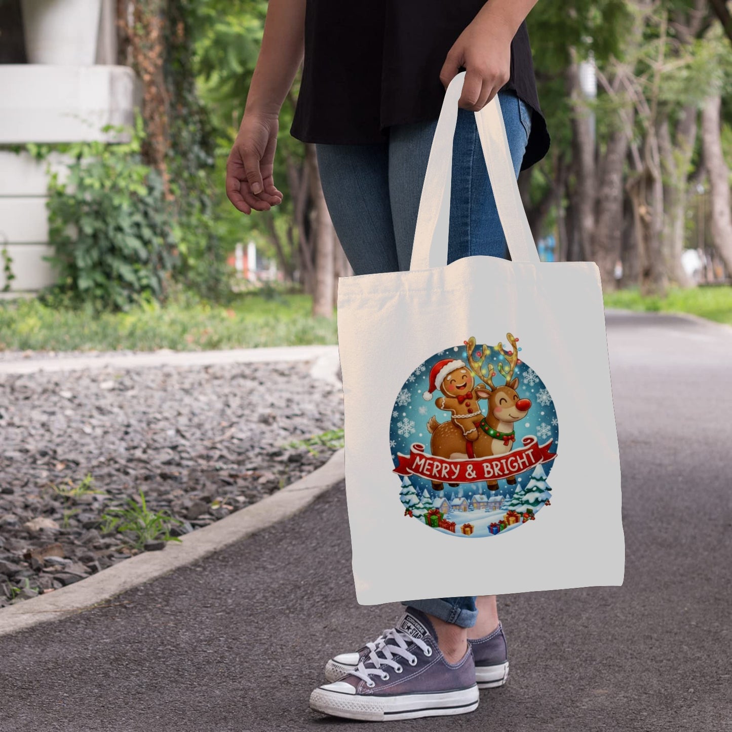 CZDE Merry & Bright Christmas Tote Bag | Festive Holiday Canvas Bag