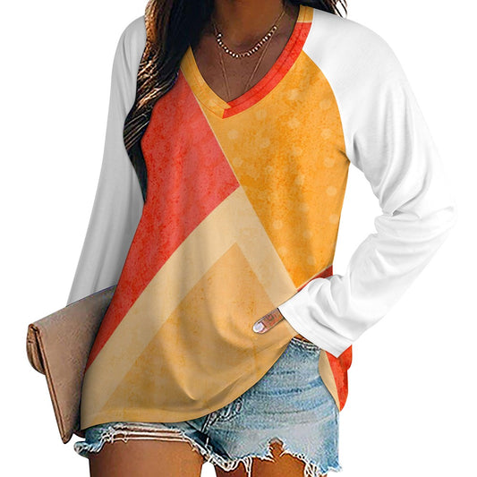 Retro Color Block Long Sleeve V-Neck Shirt – Casual Women’s Top