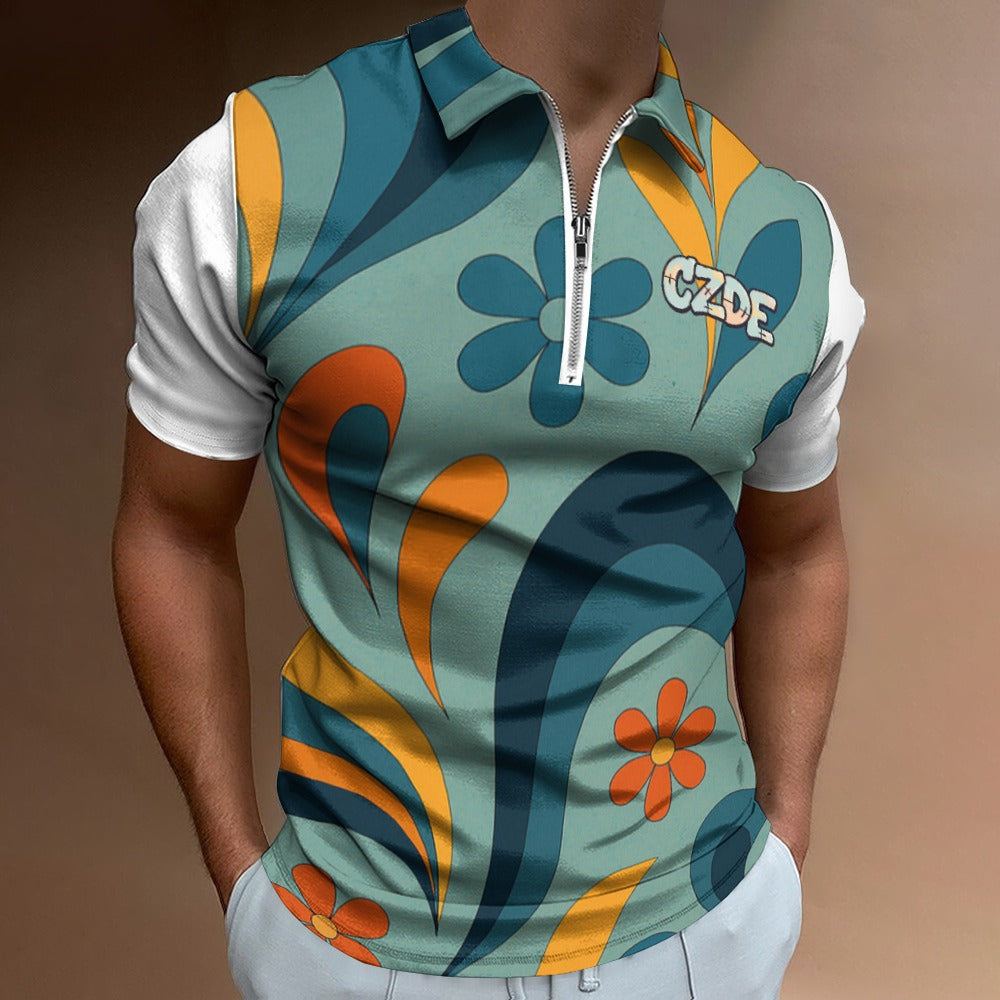 Retro Floral CZDE Polo Shirt – Colorful Vintage Style for Men