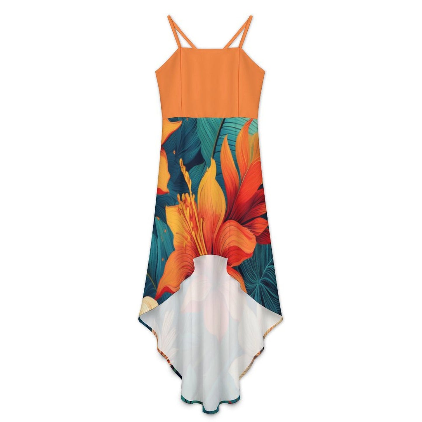 CZDE Tropical Paradise High-Low Dress - Vibrant Floral Print Spaghetti Strap Dress