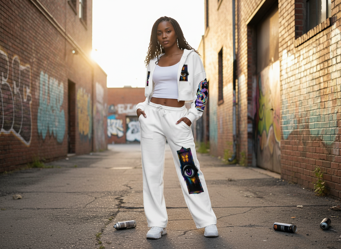 Surreal Eye Butterfly Zip-Up Hoodie - Women's Cropped Fleece Jacket with Colorful CZDE Sleeve Art