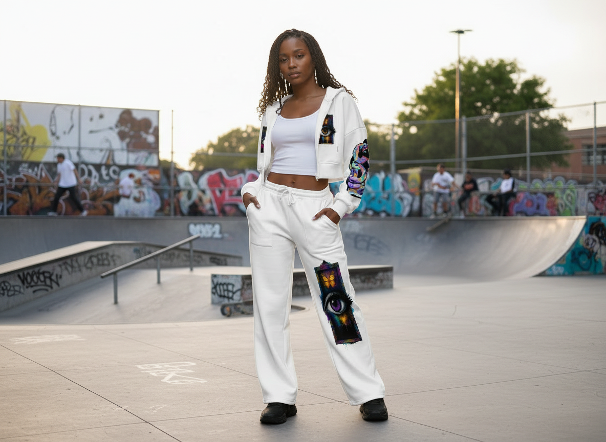 Surreal Eye Butterfly Zip-Up Hoodie - Women's Cropped Fleece Jacket with Colorful CZDE Sleeve Art