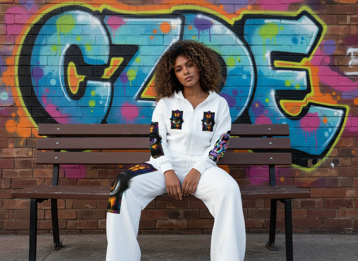 Surreal Eye Butterfly Zip-Up Hoodie - Women's Cropped Fleece Jacket with Colorful CZDE Sleeve Art