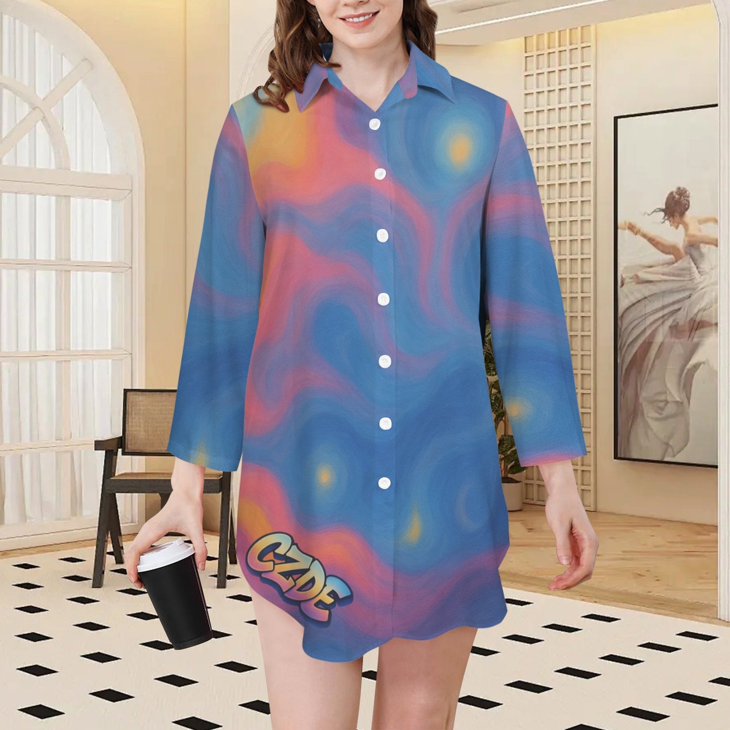 "CZDE Swirl Lounge Shirt – Abstract Color Statement for Creative Souls"