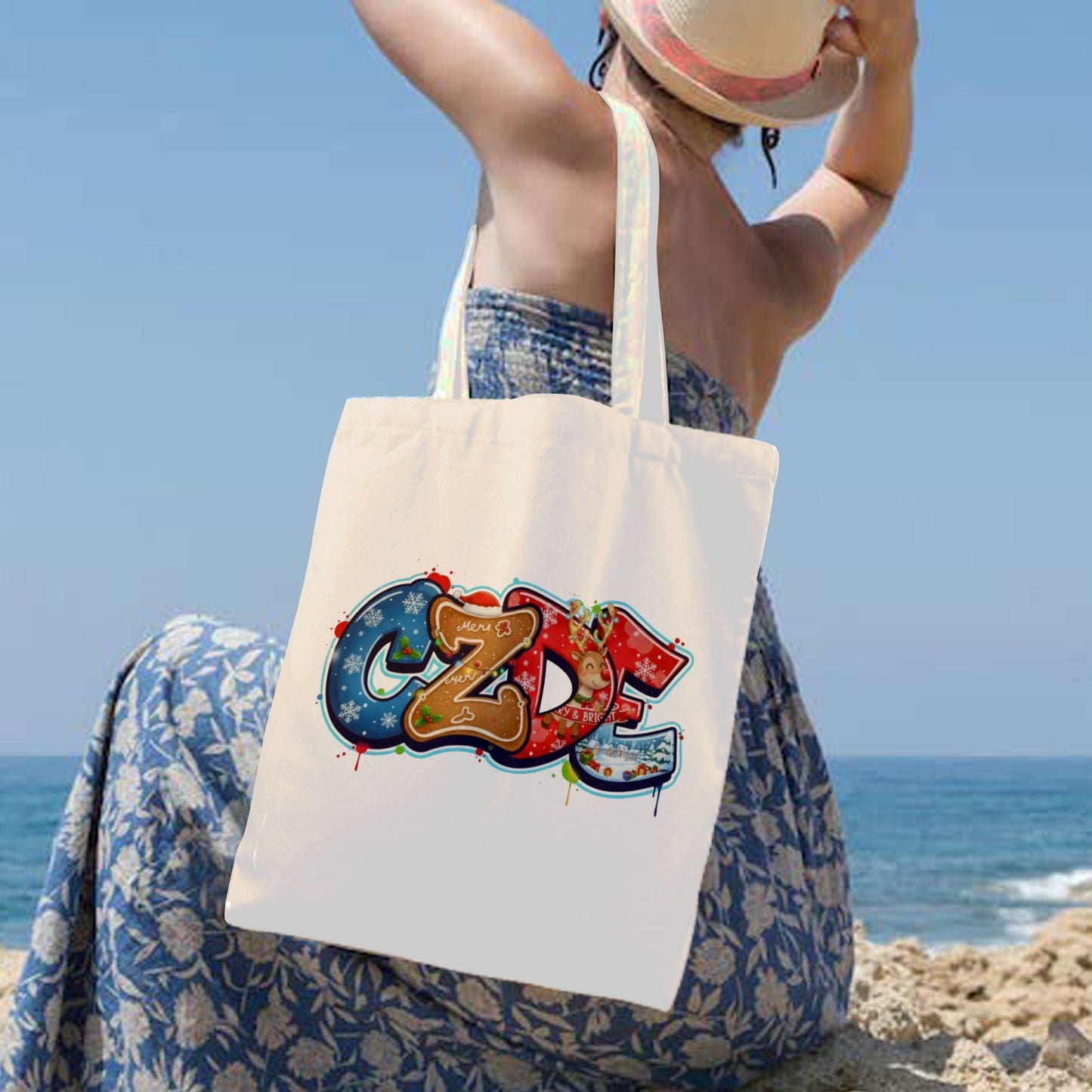 CZDE Merry & Bright Christmas Tote Bag | Festive Holiday Canvas Bag