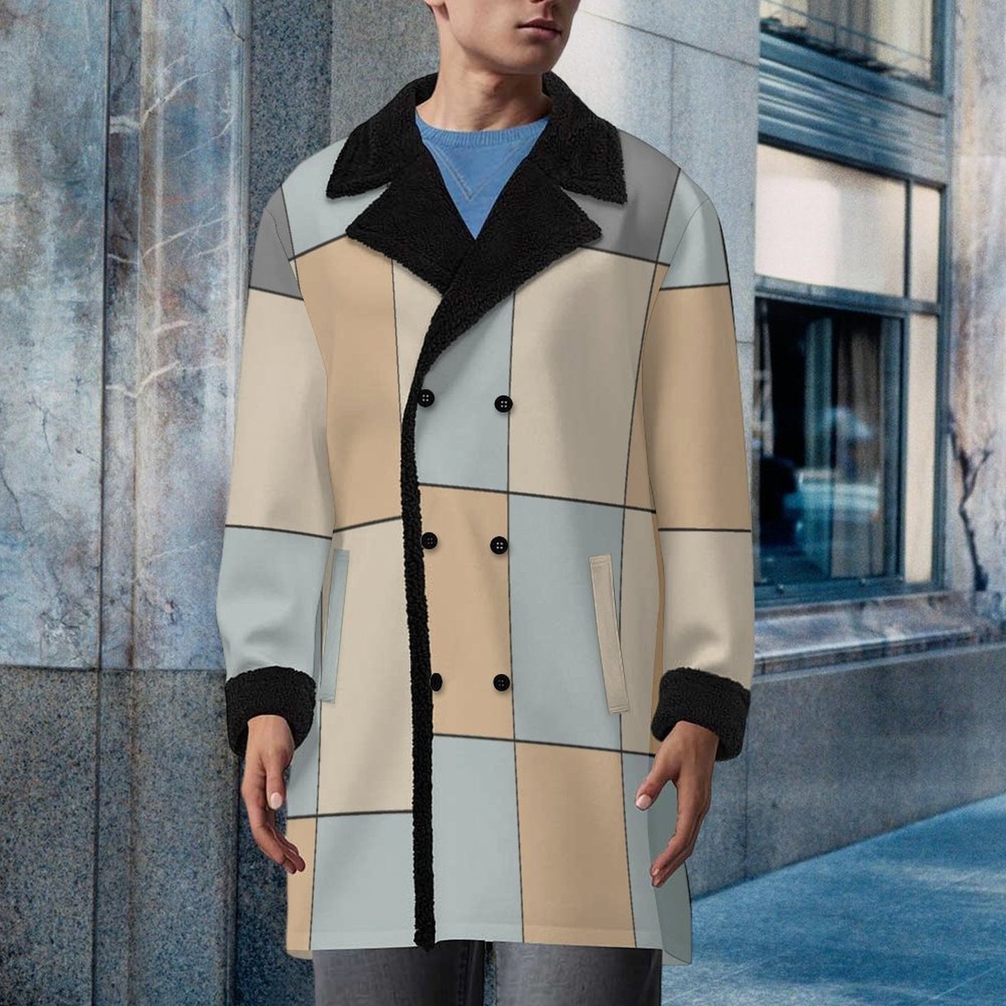 CZDE Color block Double Breasted Coat with Fur Collar - Premium Urban Outerwear