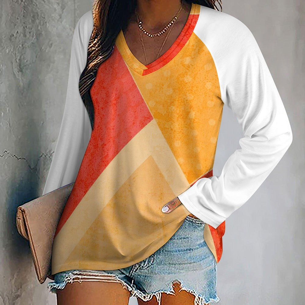 Retro Color Block Long Sleeve V-Neck Shirt – Casual Women’s Top