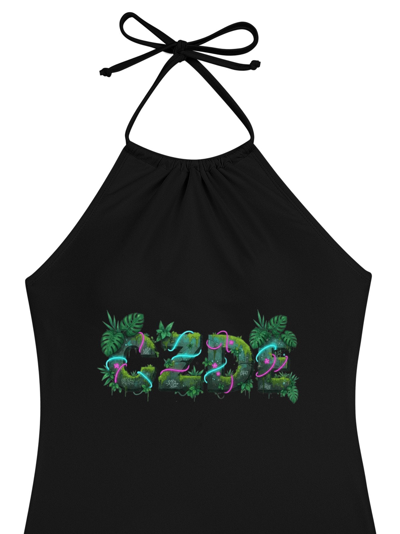 CZDE Tropical Print Swimsuit - Halter Neck Tow Pieces with Side Ties