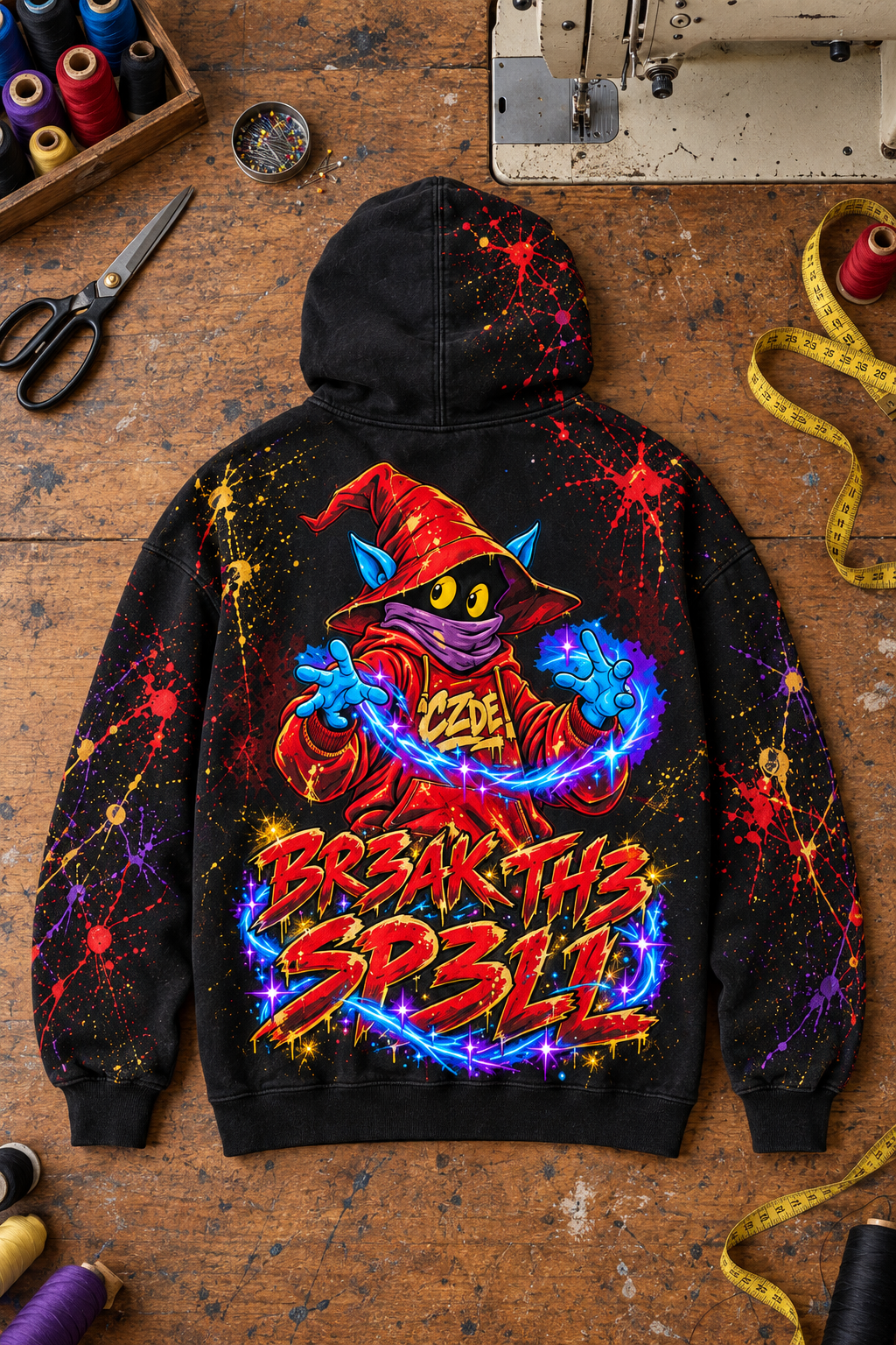Hoodie de espaldas sobre una mesa de costura