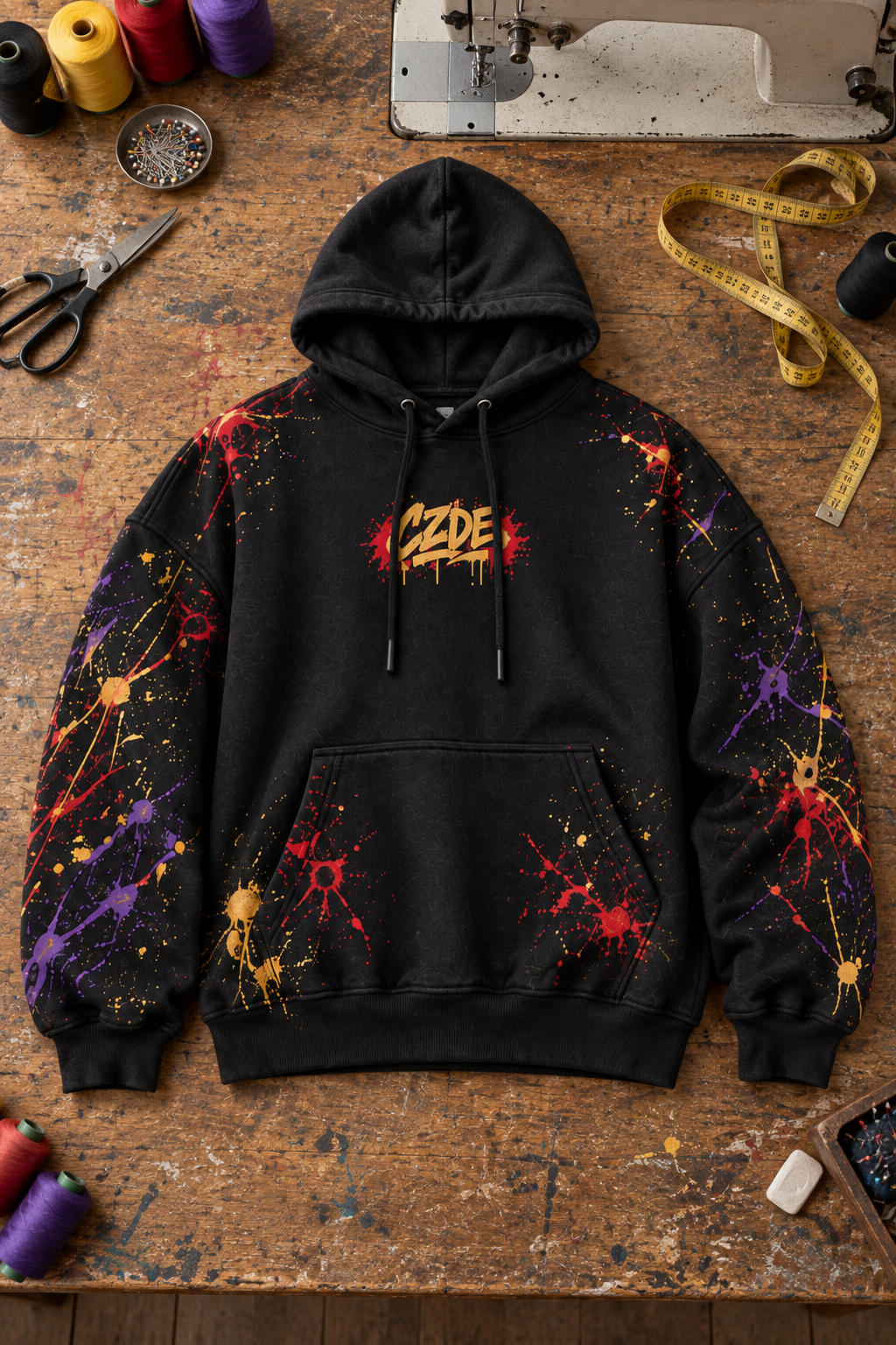 Hoodie de frente sobre una mesa de costura
