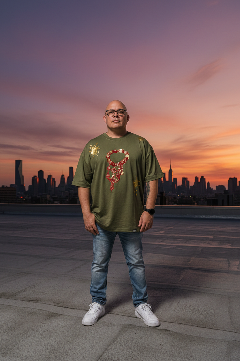 CZDE Graffiti Oversized Tee - Mockup rooftop golden hour