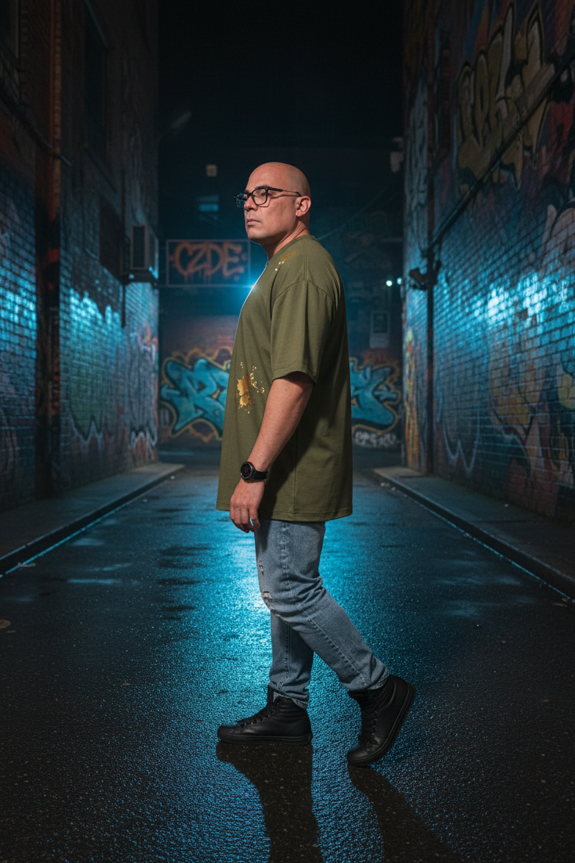 CZDE Graffiti Oversized Tee - Mockup urban alleyway night
