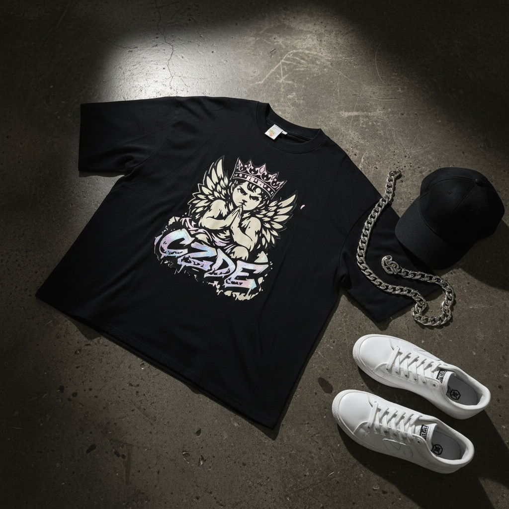 CZDE black tee flat lay with silver chain streetwear styling