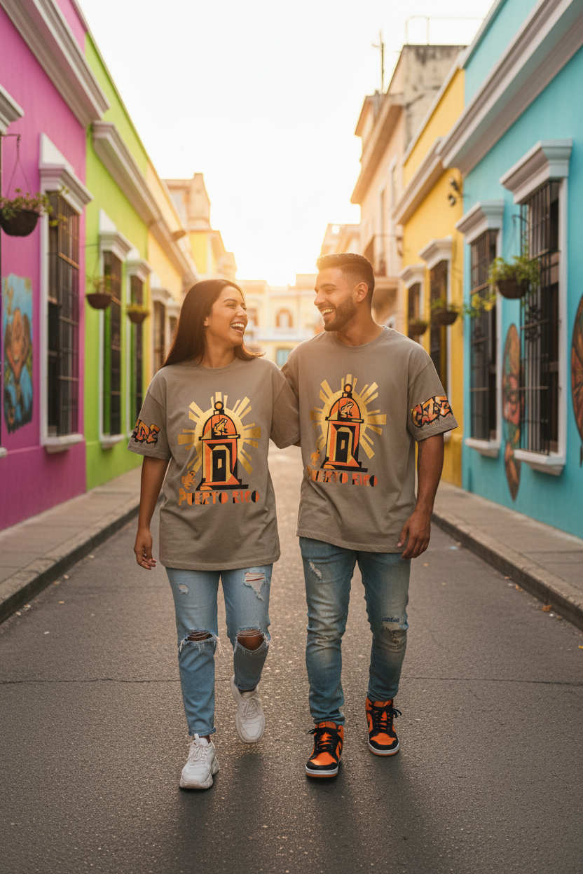 Latino friends wearing CZDE tees in colorful neighborhood