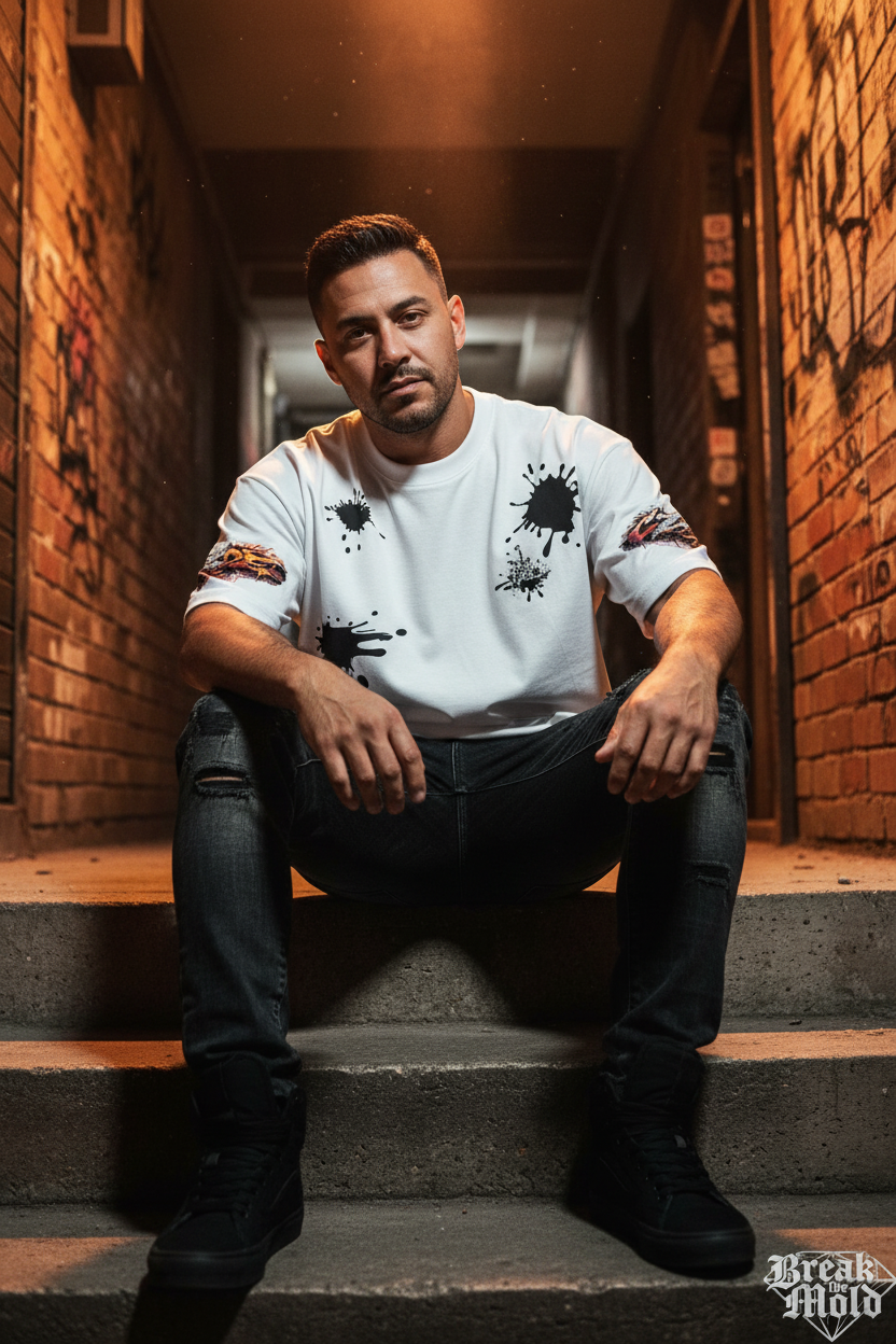 Mockup 3 - Latino male model, urban alley moody lighting