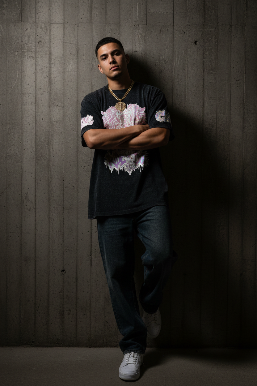 Latino man wearing CZDE Ride or Die tee against concrete wall