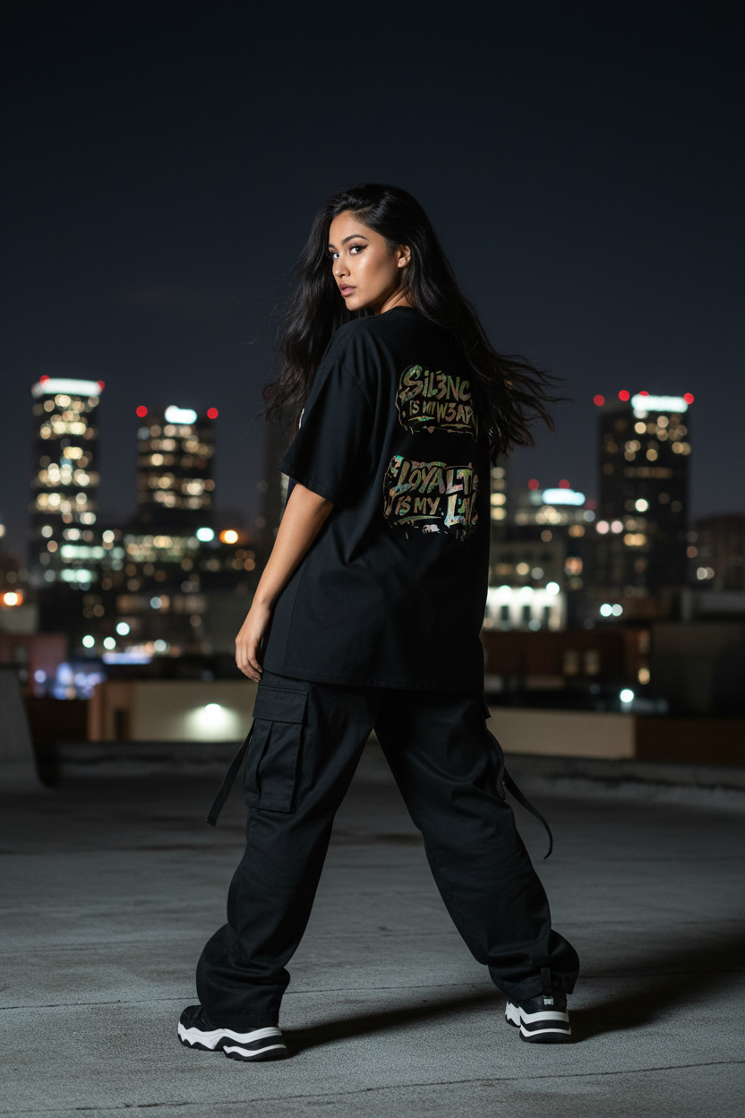 Latina woman showing back graphic of CZDE tee on rooftop