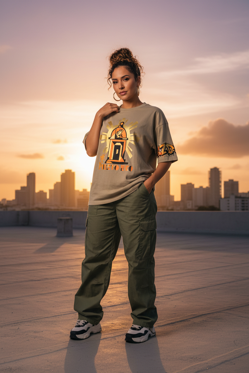 Latina woman wearing CZDE tee on rooftop at sunset