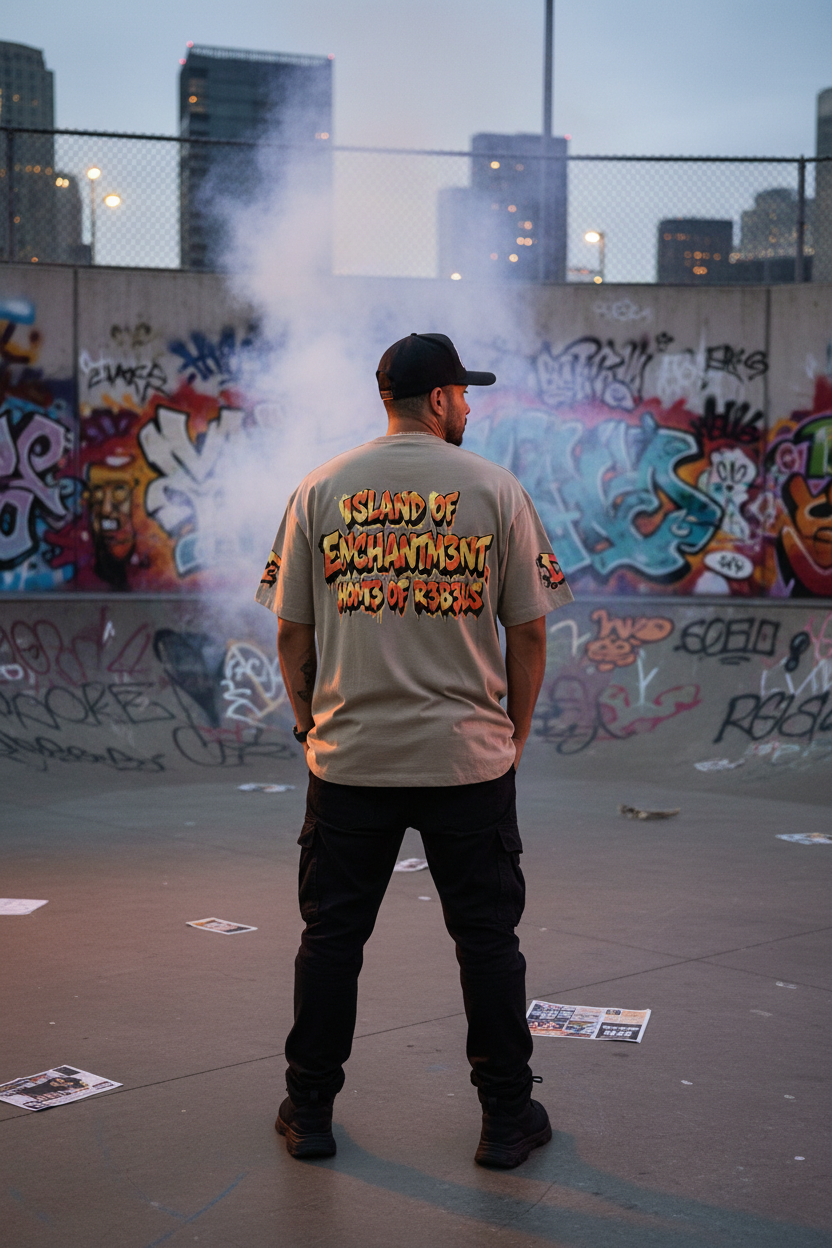 Latino man showing back graphic of CZDE tee at skate park