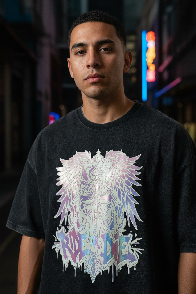 Close-up of Ride or Die holographic winged cross graphic