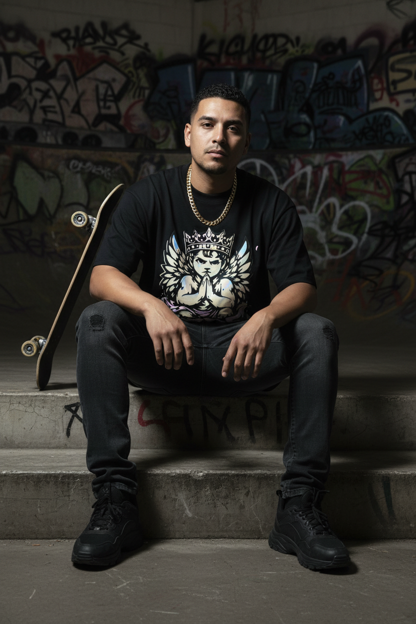Latino man in CZDE tee at skate park with graffiti walls