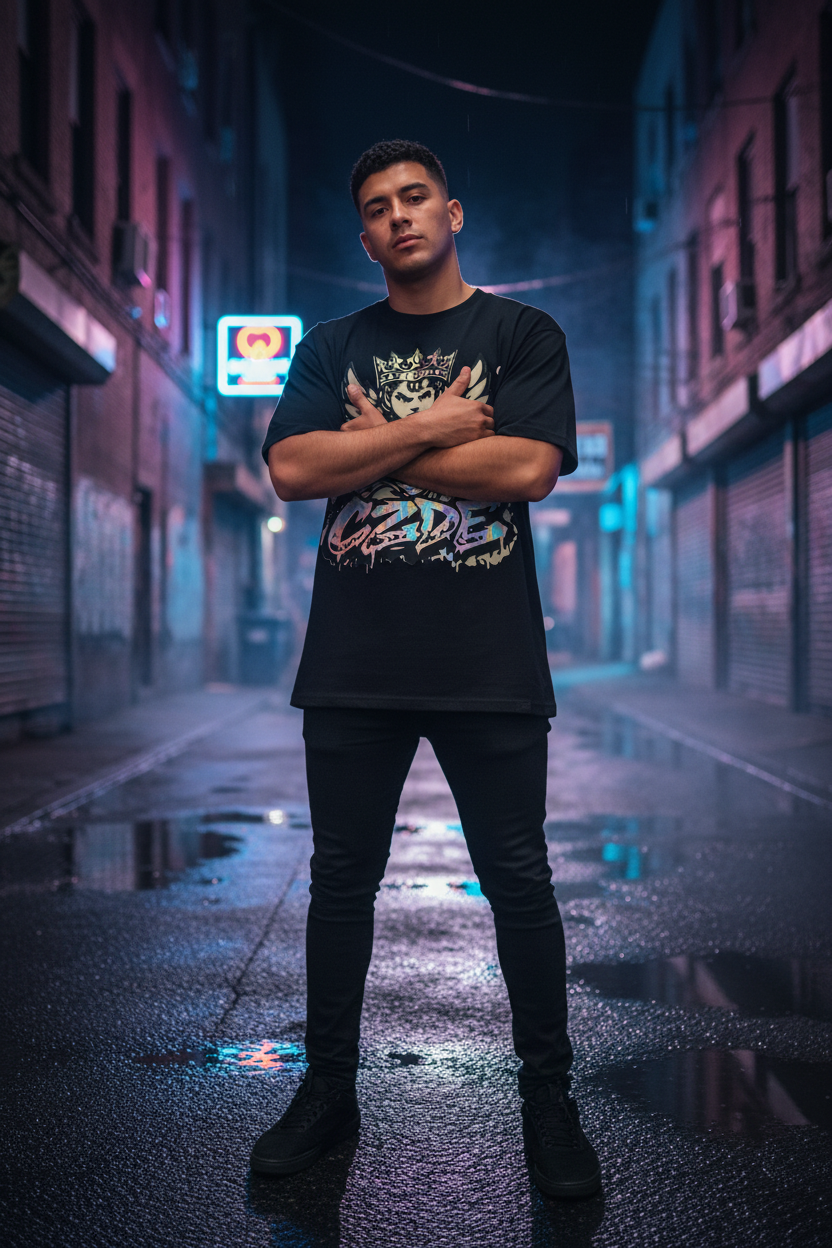 Latino man wearing CZDE angel tee in neon-lit urban alley