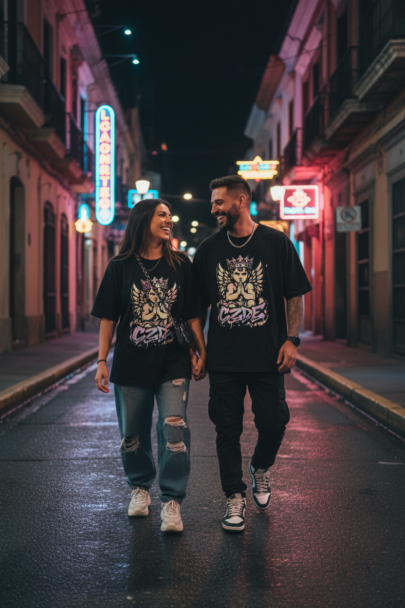 Latino couple wearing matching CZDE tees in neon city street
